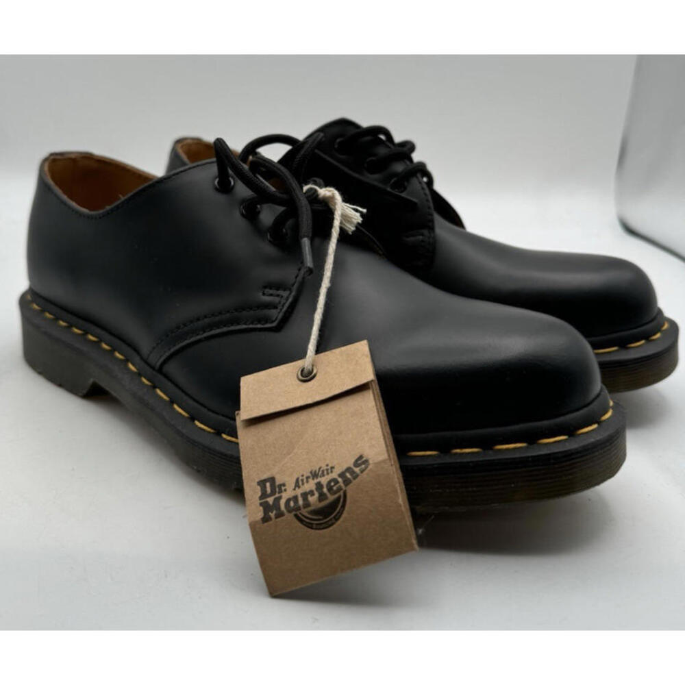 Dr. Martens Black Leather Flats with Yellow Stitching